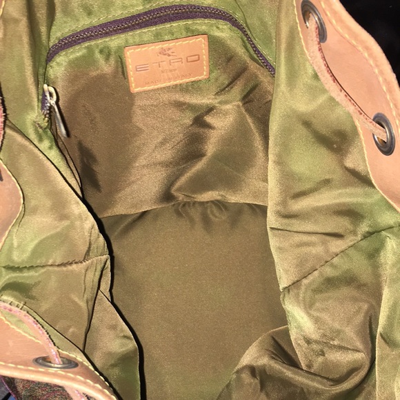 W ETRO Milano Red Paisley Nylon Vachetta Leather Drawstring Bucket Shoulder Bag - Picture 5 of 17